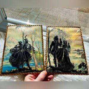 2 Vintage 6x8 Silhouette Reverse-Painted Convex Bubble Glass Art Pieces